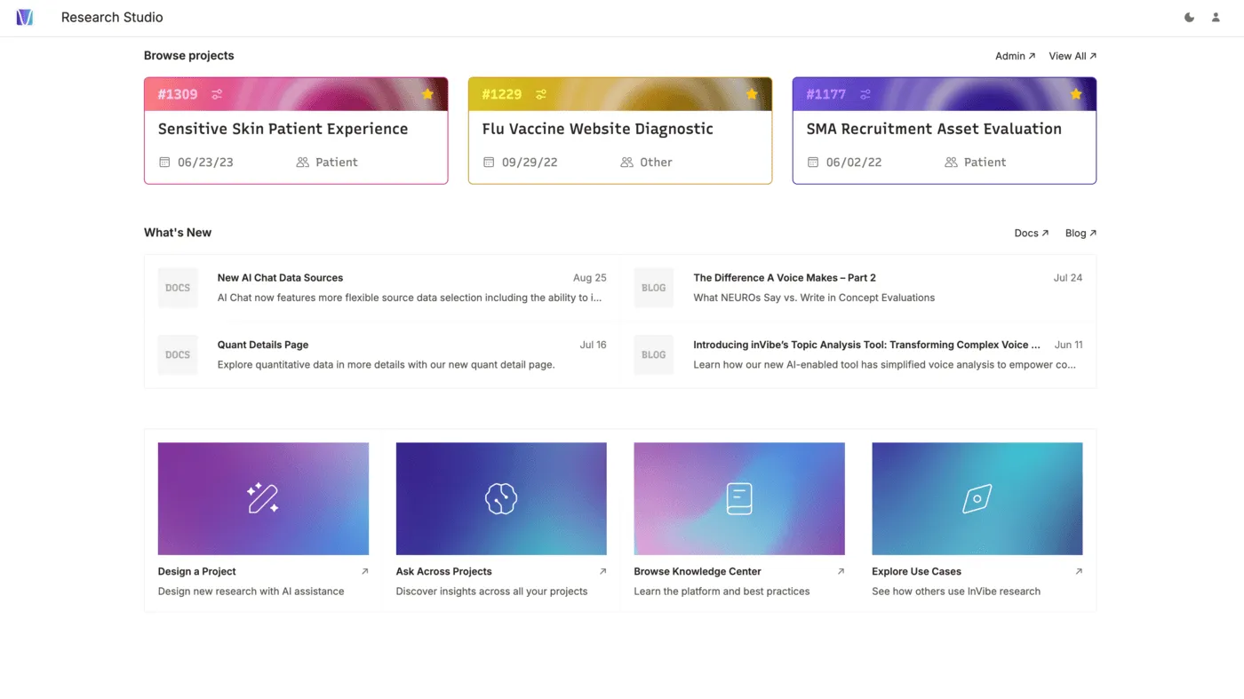 New Accounts Dashboard showing recent projects and quick actions