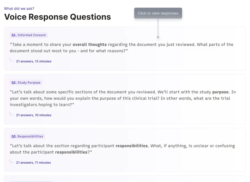 Questions section with response statistics