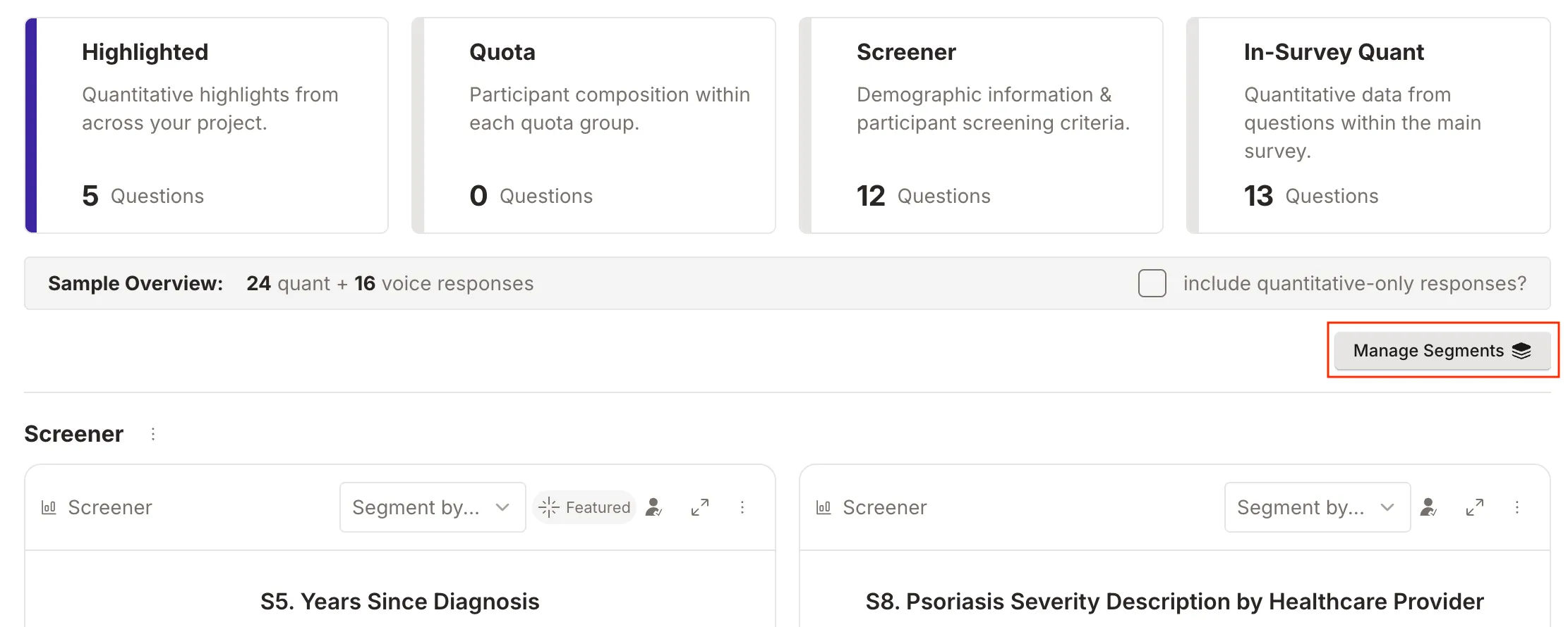 Quantitative data page showing the new Manage Segments button