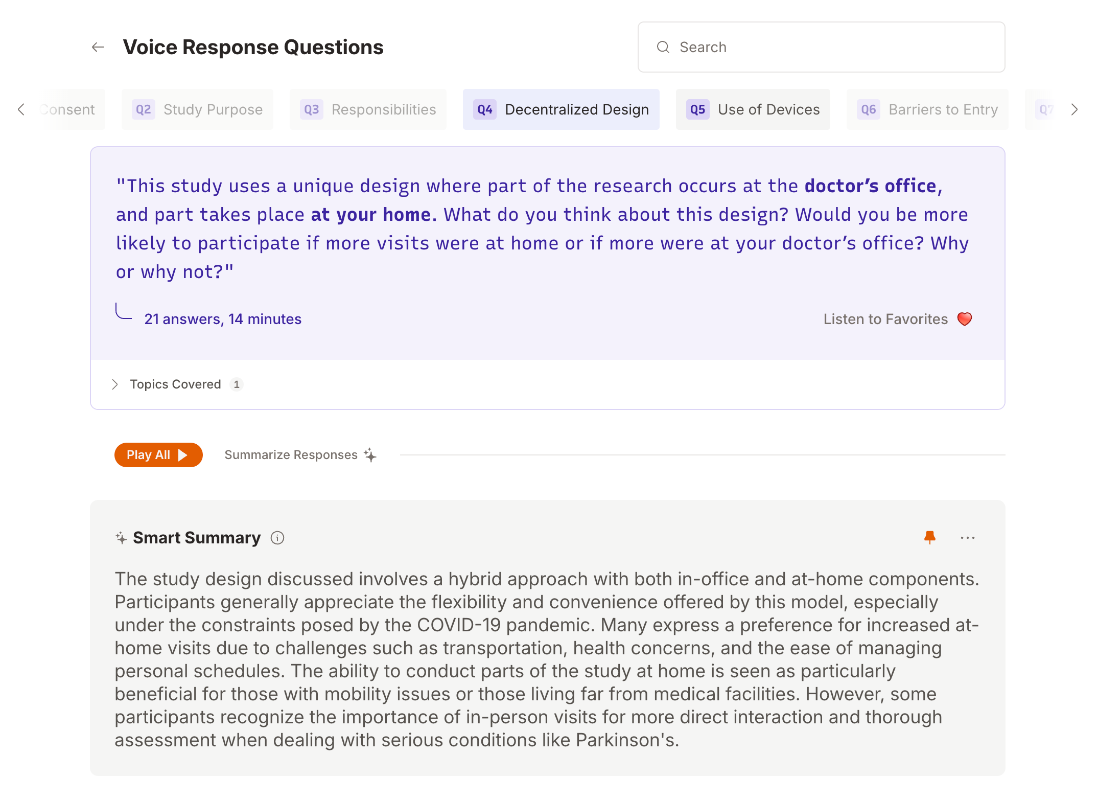 Question navigation interface in VRS