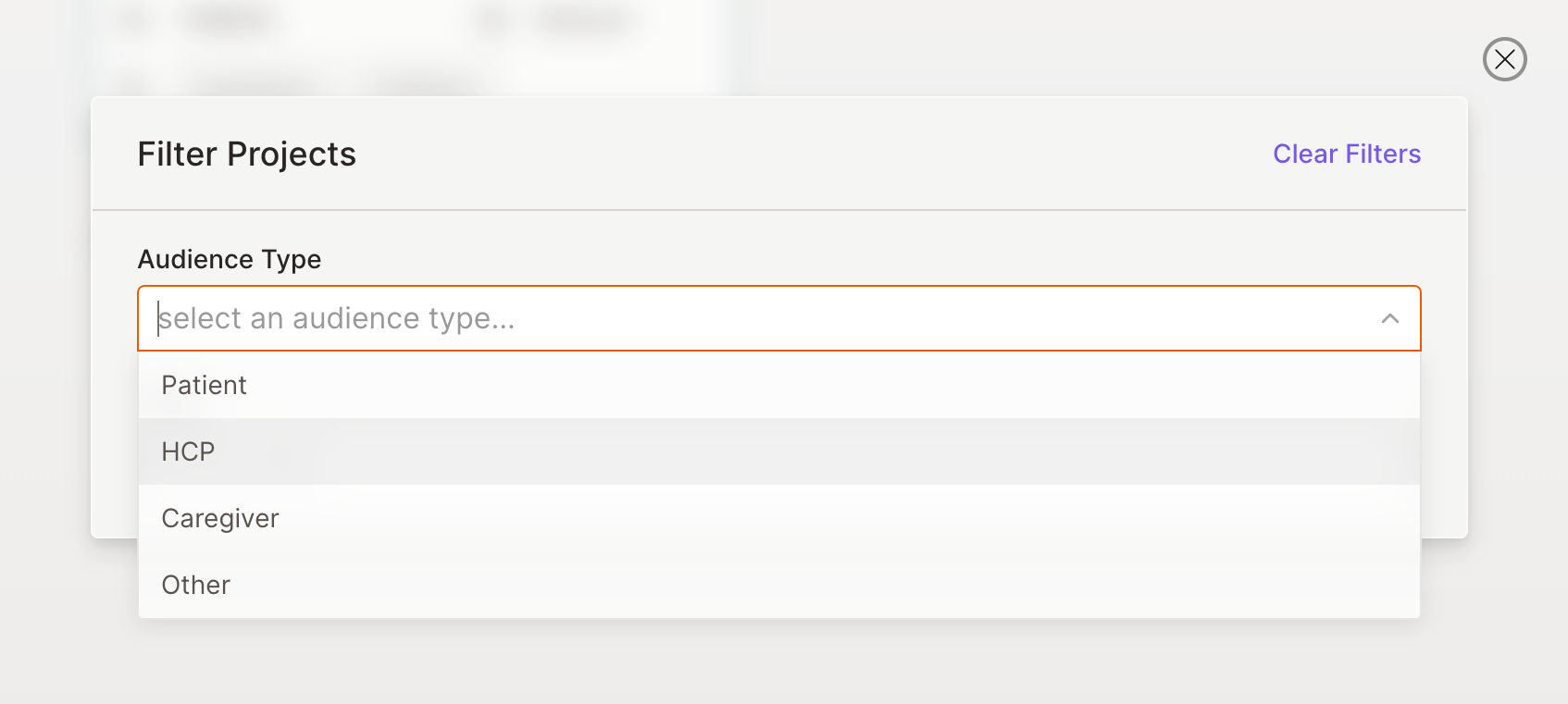 Project search and filtering interface
