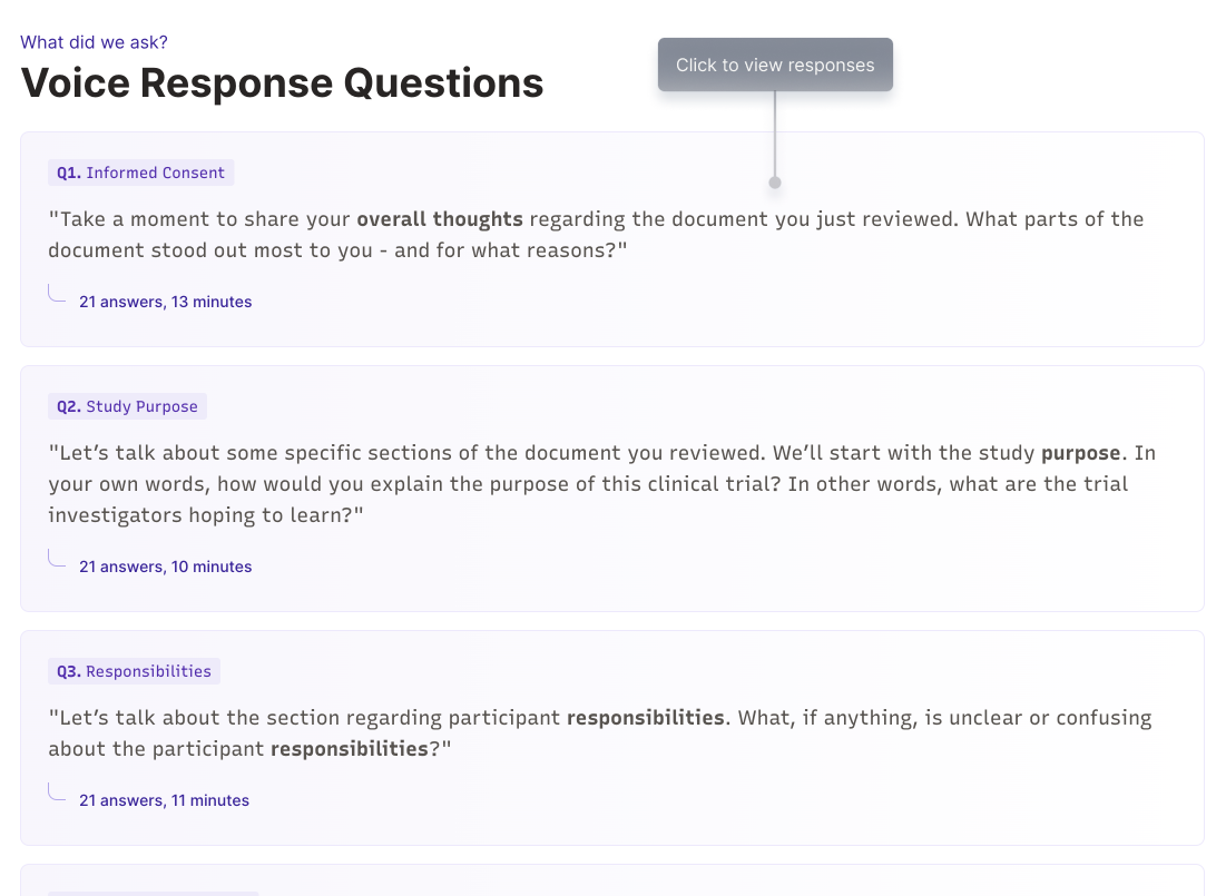 Questions section with response statistics