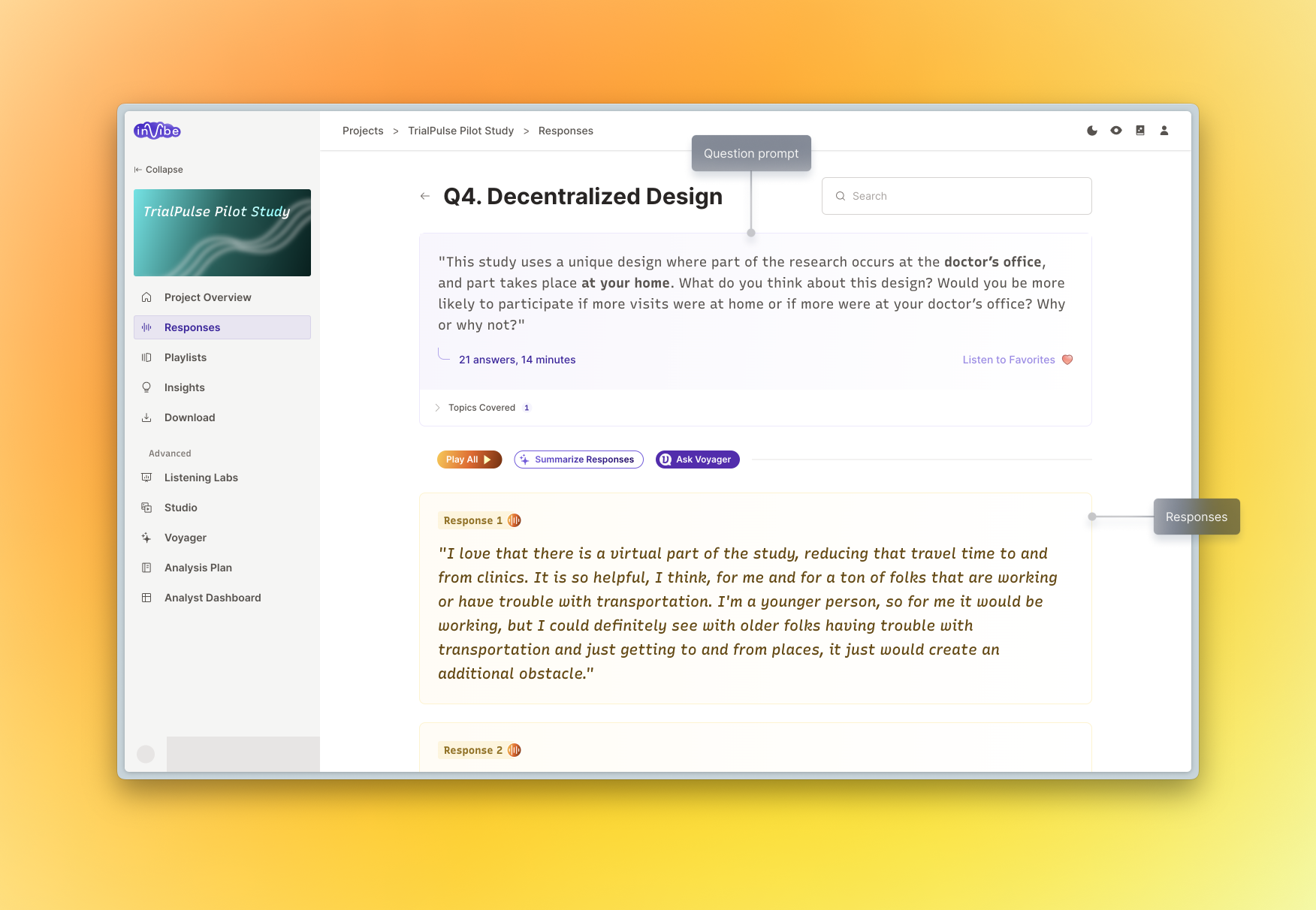 Responses page overview showing question navigation