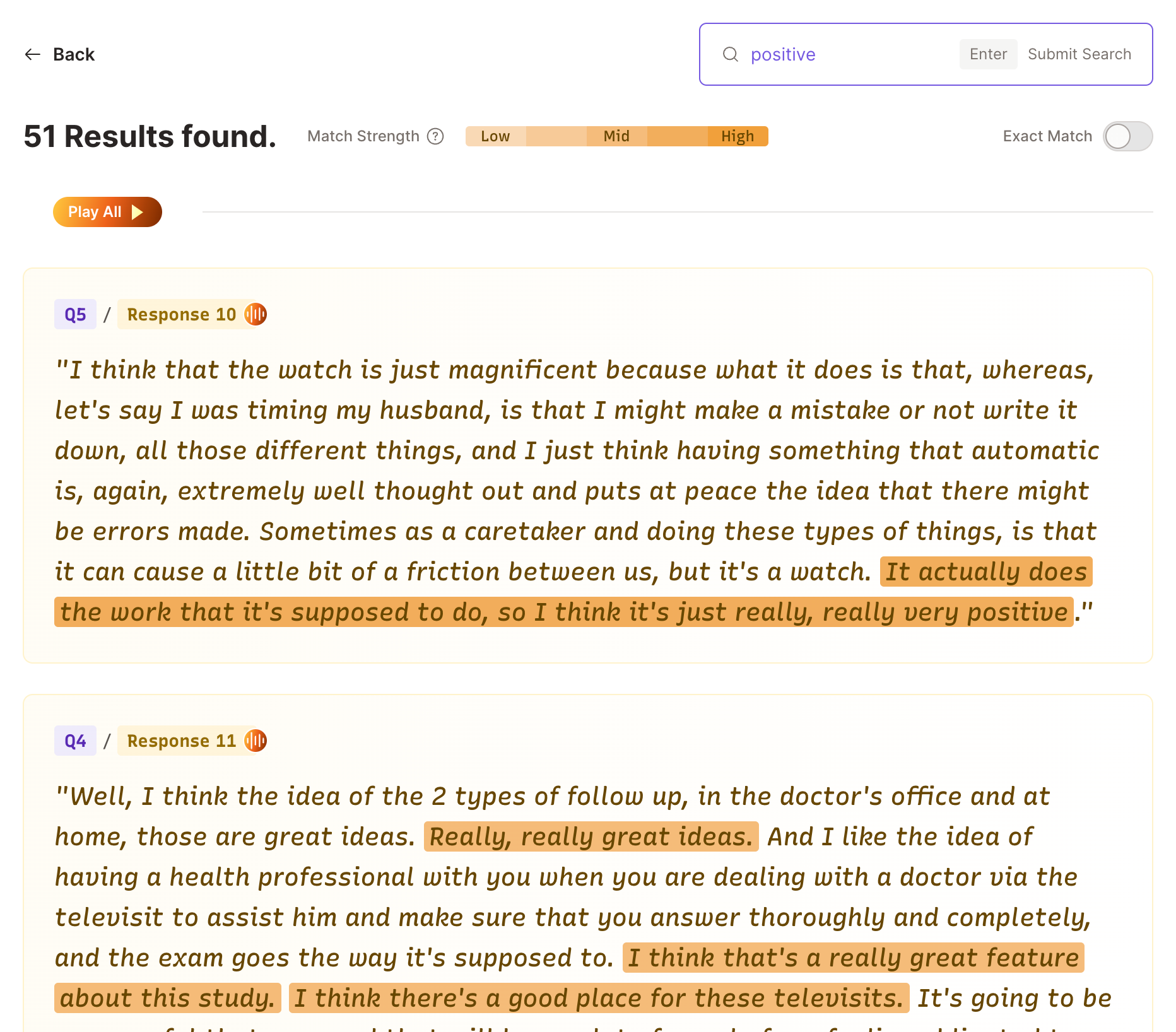 Response search and filtering interface