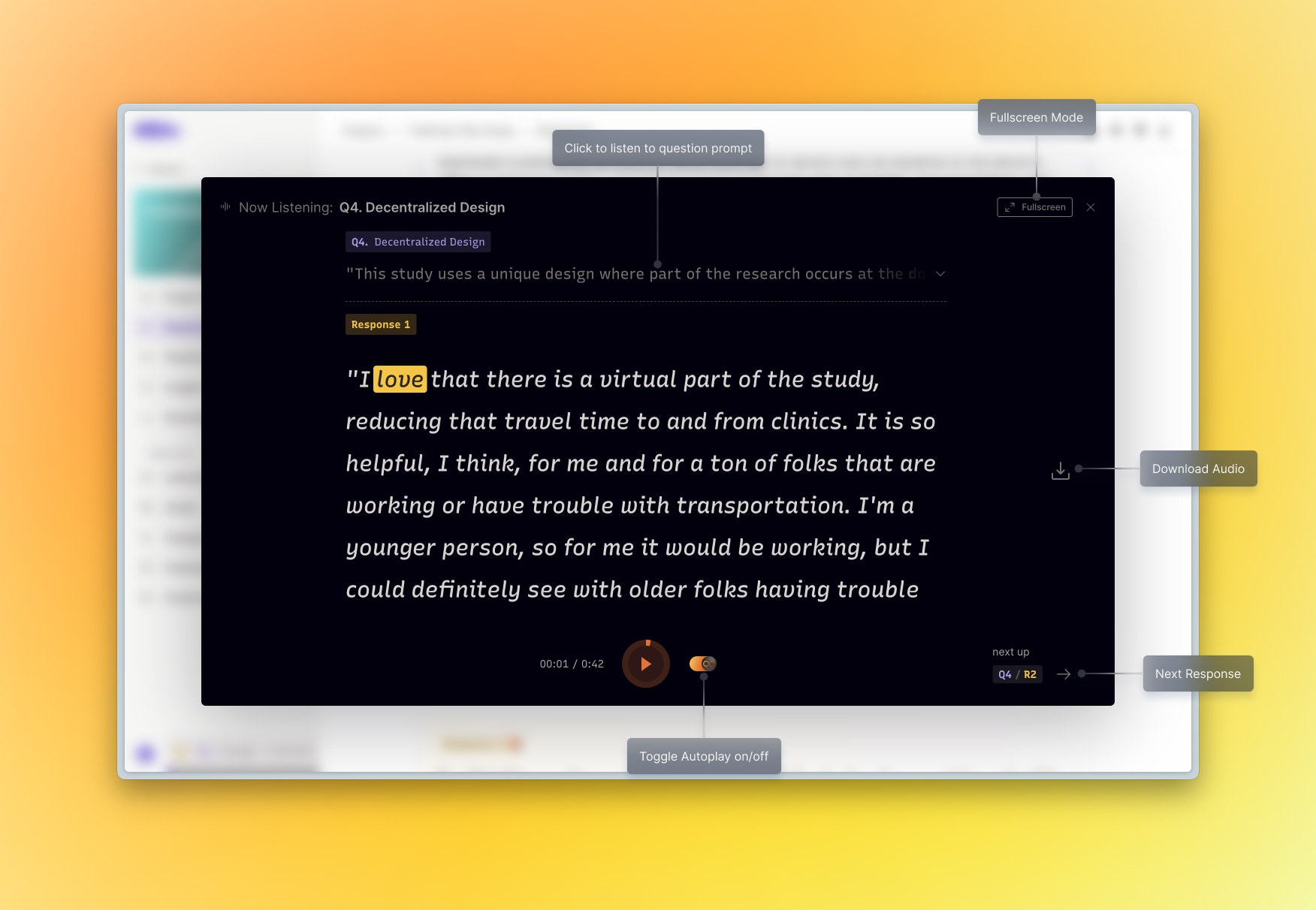 Audio player modal showing playback controls