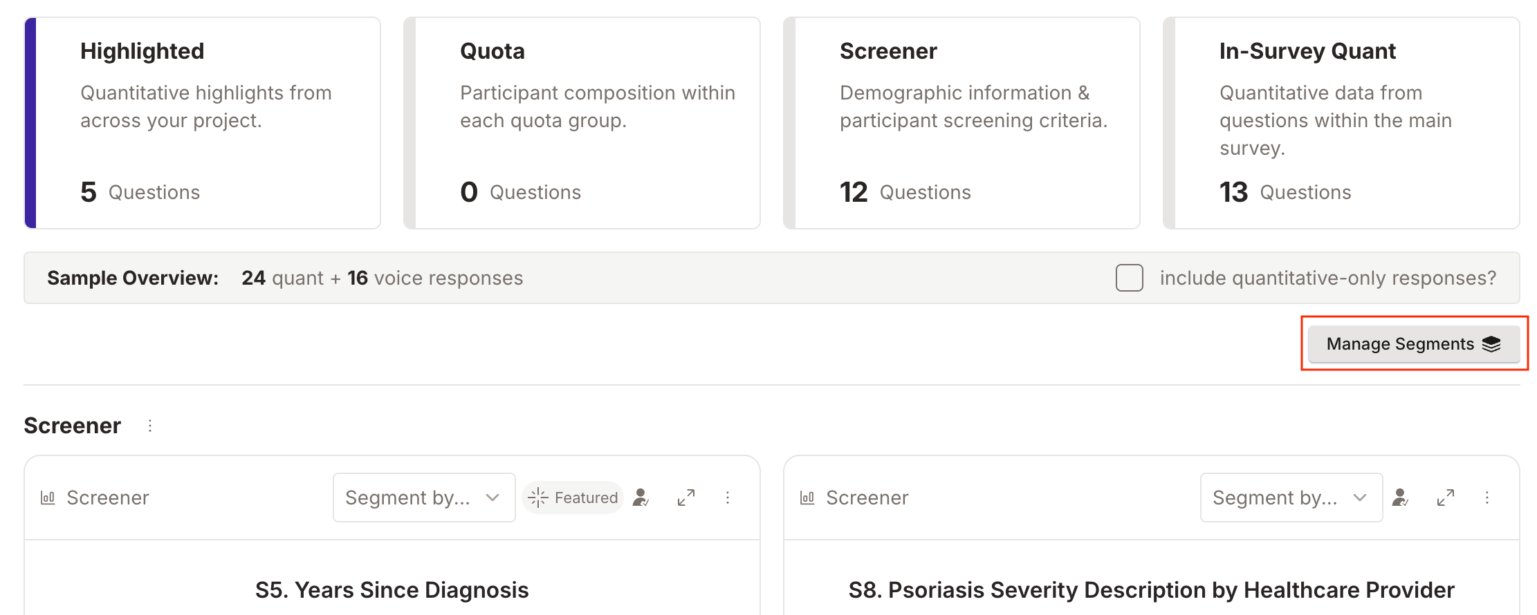 Quantitative data page showing the new Manage Segments button