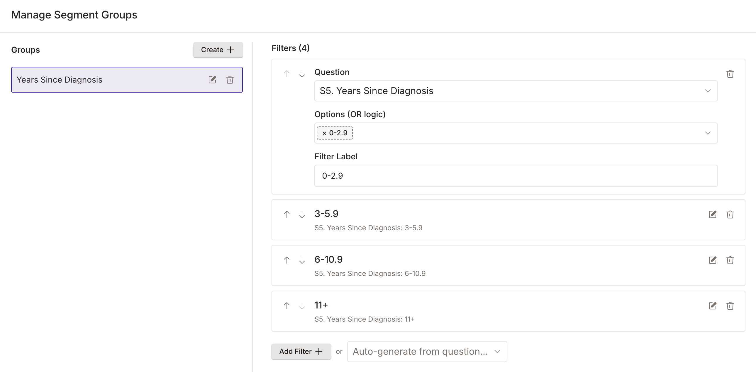 Manage Segment Groups modal showing filter creation with question selection, options, and filter labels